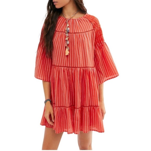 Free People Lola Embroidered Tassel Mini Dress In Red Orange Pinstriped Size S - Picture 1 of 3